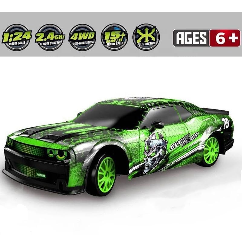 1:24 Scale High Speed 4WD RC Drift Car – 15Km/Hr, LED Lights, Extra Tires, Cones & USB Charger