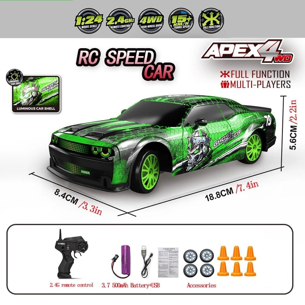 1:24 Scale High Speed 4WD RC Drift Car – 15Km/Hr, LED Lights, Extra Tires, Cones & USB Charger