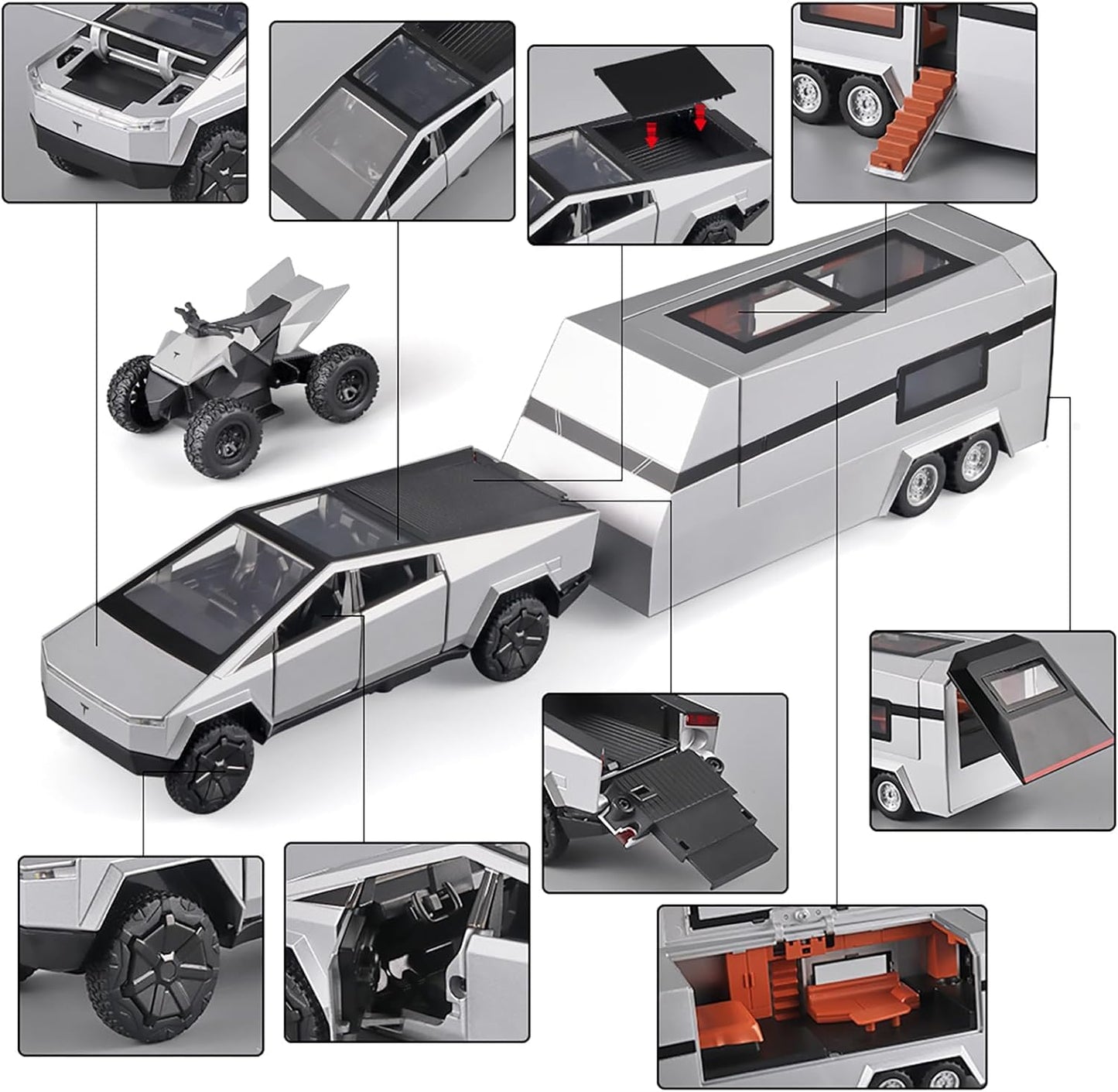 1:24 Tesla Cybertruck with Pick-Up Trailer scale model car | Assorted Colors