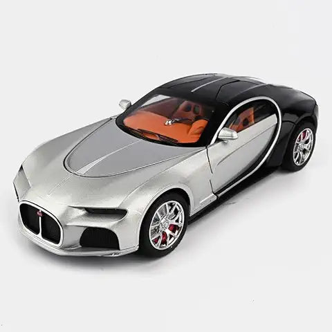 Model of a silver sports car with black roof on a white background