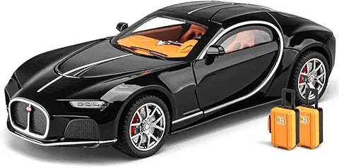 Buggati Black toy car with orange interior and two orange suitcases 