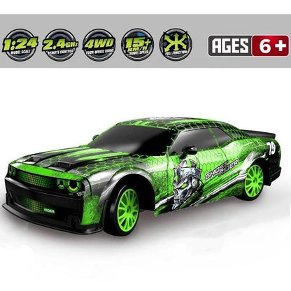 1:24 Scale High Speed 4WD RC Drift Car – 15Km/Hr, LED Lights, Extra Tires, Cones & USB Charger