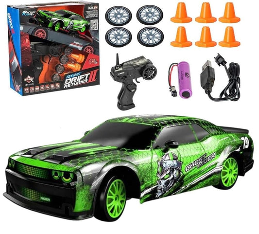 1:24 Scale High Speed 4WD RC Drift Car – 15Km/Hr, LED Lights, Extra Tires, Cones & USB Charger